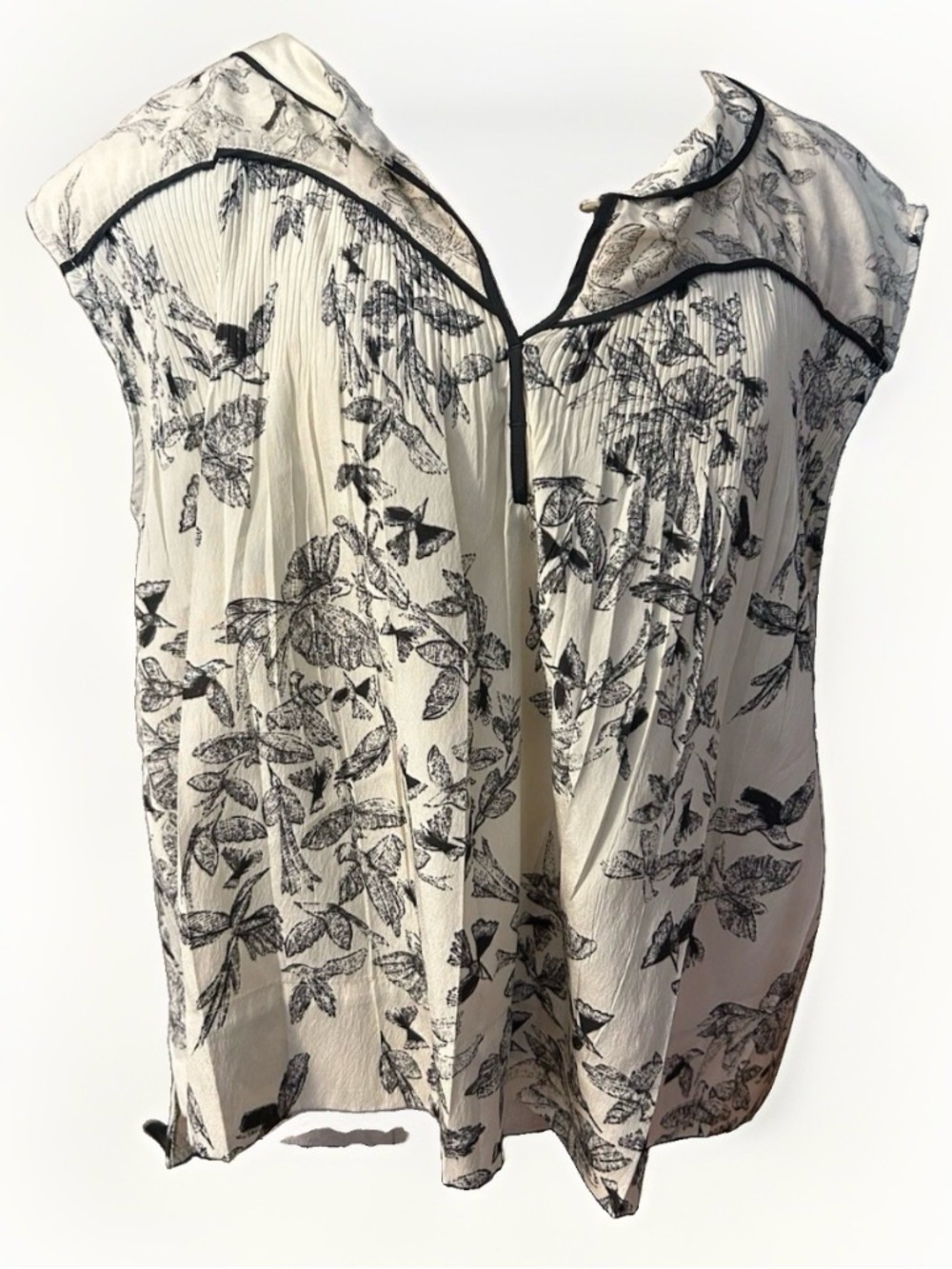 Cotelac Cream & Black Starling Print Cap-Sleeve Airy Pleated Blouse Size 2
